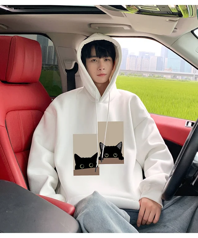 Men's Oversize Cotton Hoodie Cat Print Detail
