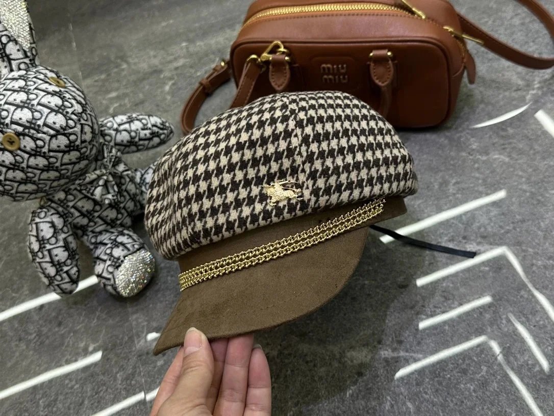 Burberry Houndstooth Cadet Cap with Gold Chain Trim Brown - 1