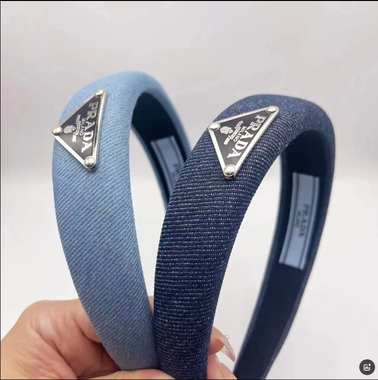 Prada Triangle Logo Denim Headband Navy Blue Accessories - 4
