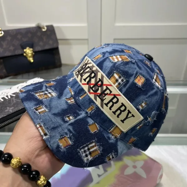 Burberry Distressed Denim Baseball Cap with Check Patchwork - 1