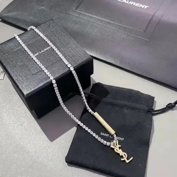 Saint Laurent Monogram Bullet Necklace Silver and Gold Tone Crystal-Encrusted Necklace - 8
