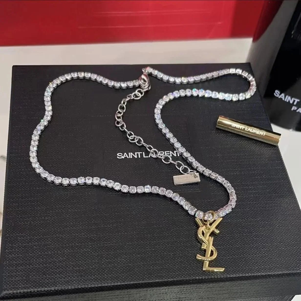 Saint Laurent Monogram Bullet Necklace Silver and Gold Tone Crystal-Encrusted Necklace - 5