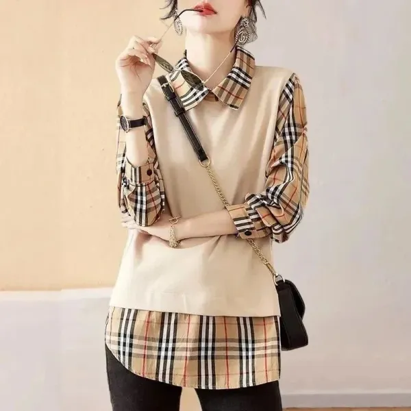 Burberry Check Collar Layered Shirt Beige Plaid Top - 1