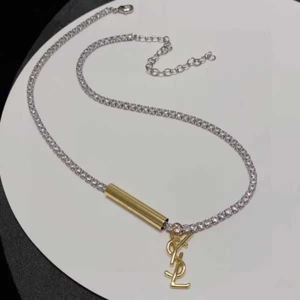 Saint Laurent Monogram Bullet Necklace Silver and Gold Tone Crystal-Encrusted Necklace - 7