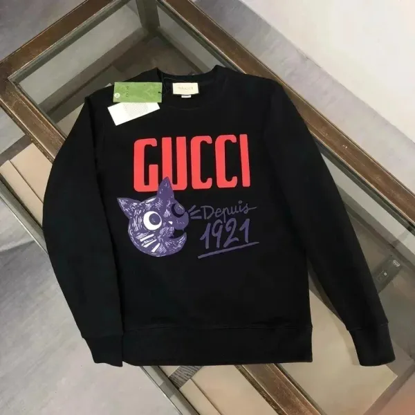 Gucci Cat Print Logo Sweatshirt Black Hoodie - 1