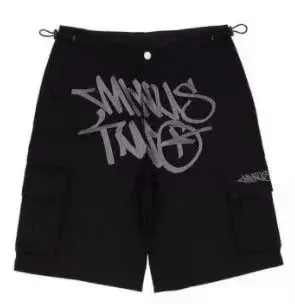 MINUS TWIN Black Cargo Shorts with Cyan Graffiti Print - 6