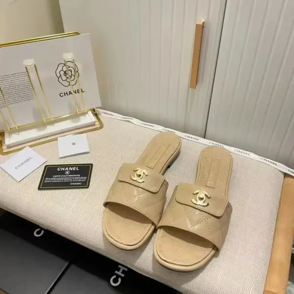 Chanel Quilted Slide Sandals Beige Slippers - 1