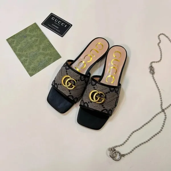Gucci GG Marmont Slide Sandals Black and Beige Web Print Slippers - 1