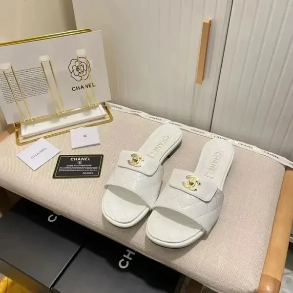 Chanel CC Logo Quilted Slide Sandals White - 1