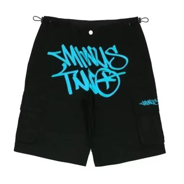 MINUS TWIN Black Cargo Shorts with Cyan Graffiti Print - 1