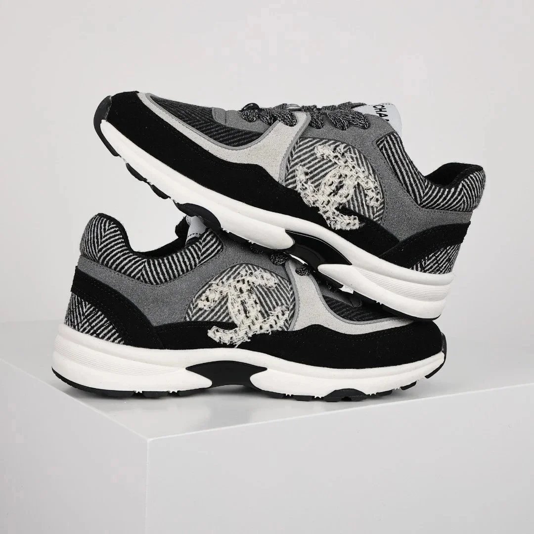 Chanel CC Logo Runner White Gray Black Sneakers - 7