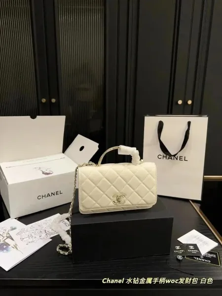 Chanel WOC White Quilted Lambskin Bag with Crystal-Embellished Metal Handle - 1