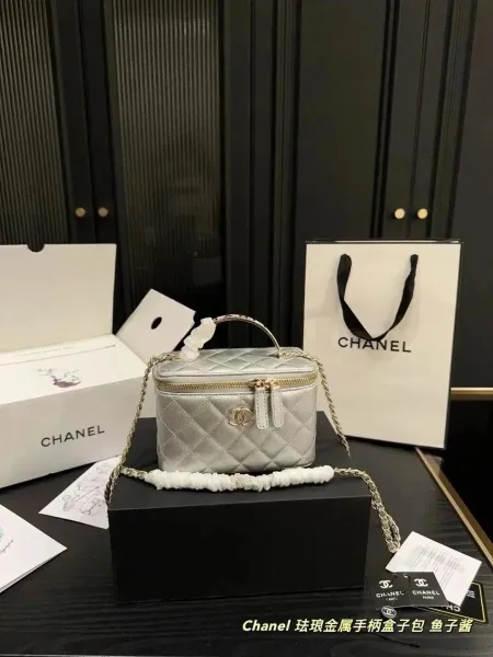 Chanel Vanity Case Metallic Silver Quilted Chain Box Bag - 1