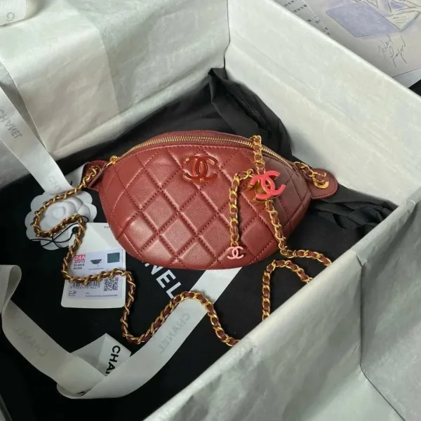 Chanel Mini Belt Bag Burgundy Quilted Leather with Pink CC Charms - 1