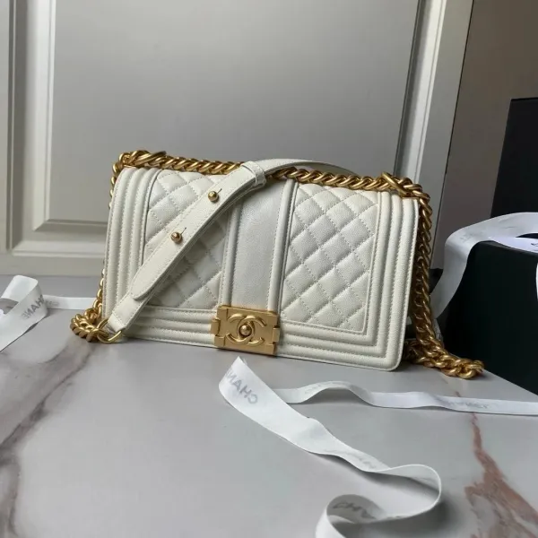 Chanel Boy Bag White Quilted Calfskin with Gold Hardware Shoulder Bag - 1