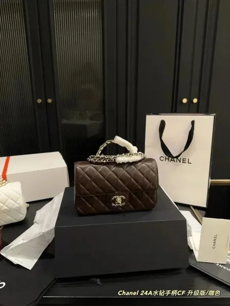 Chanel 24A Mini Flap Bag Chocolate Brown Quilted Calfskin with Crystal-Embellished Handle Handbag - 1