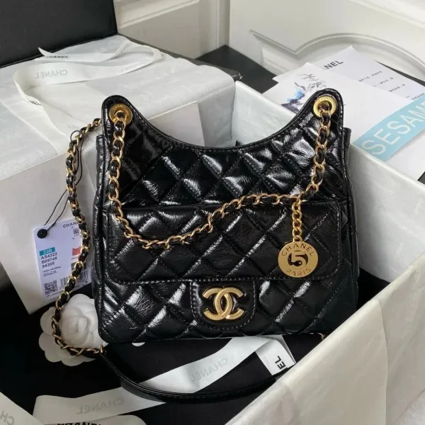 Chanel 25B Small Hobo Bag Black Quilted Patent Leather Shoulder Bag - 1