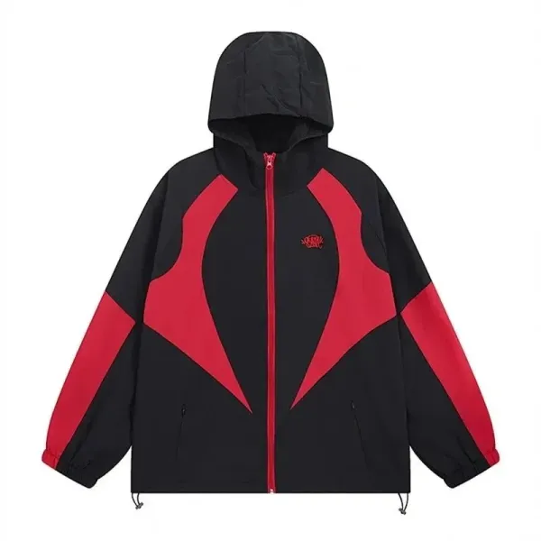 Design Geometric Panel Windbreaker Jacket in Black and Red - 1