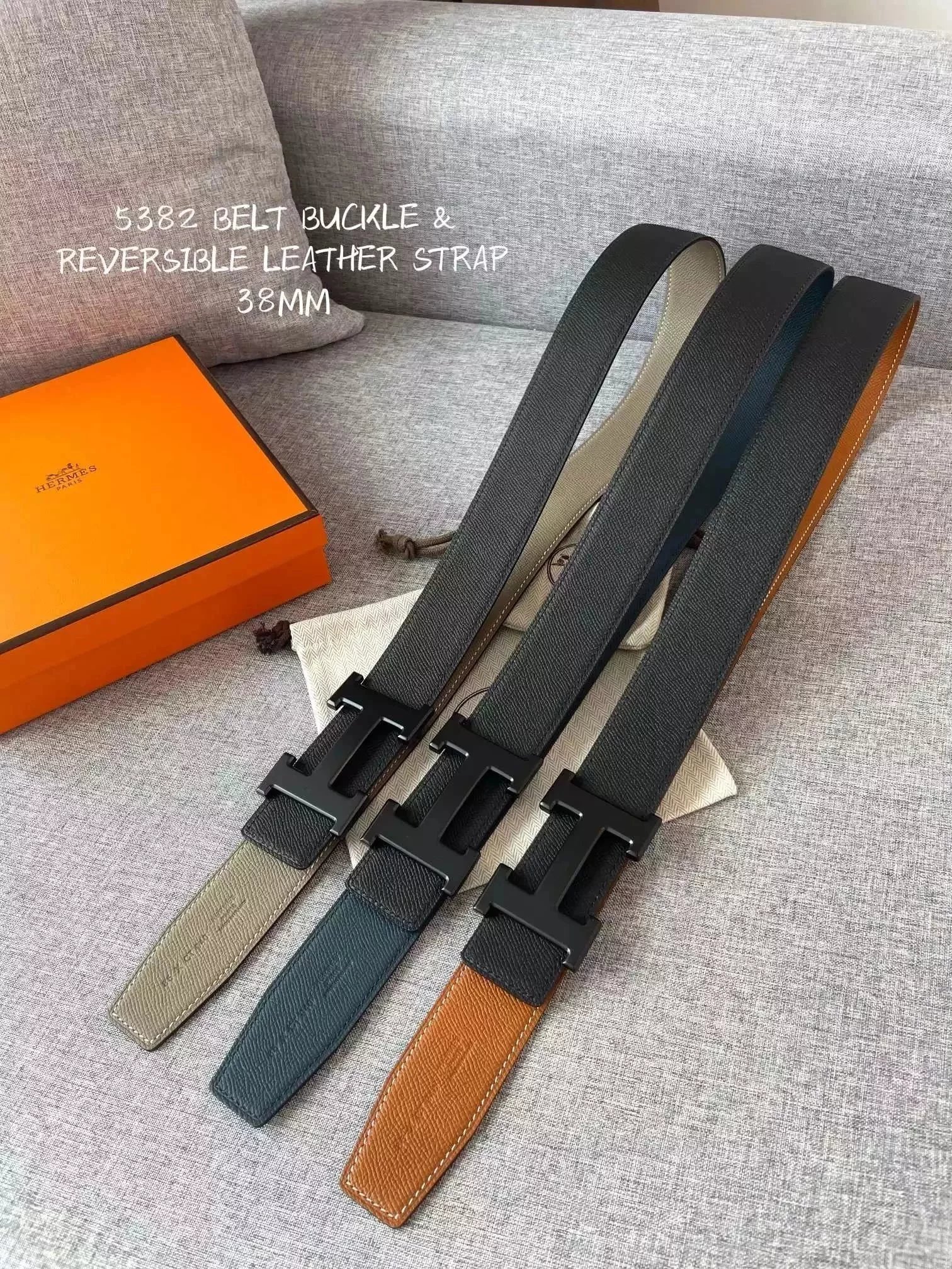 H new style 3.8cm men's and women's fashionable business belt boutique sand black H steel buckle double-sided calf leather