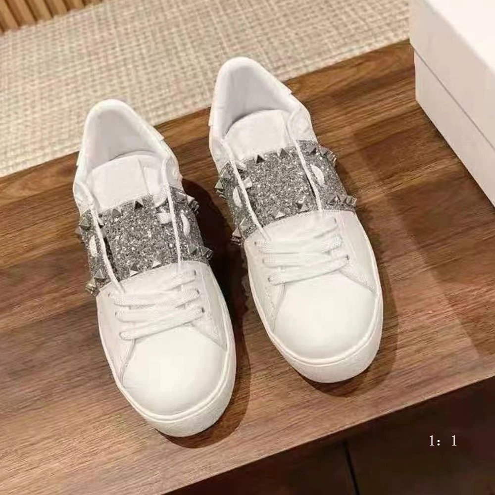 Men's and Women's Casual Couple White Low-Top Sneakers with Silver Thick Sole
