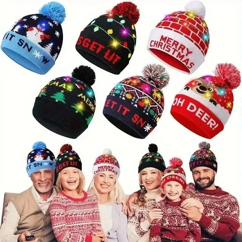 LED Christmas Beanie Hats with Colorful Lights and Pompoms