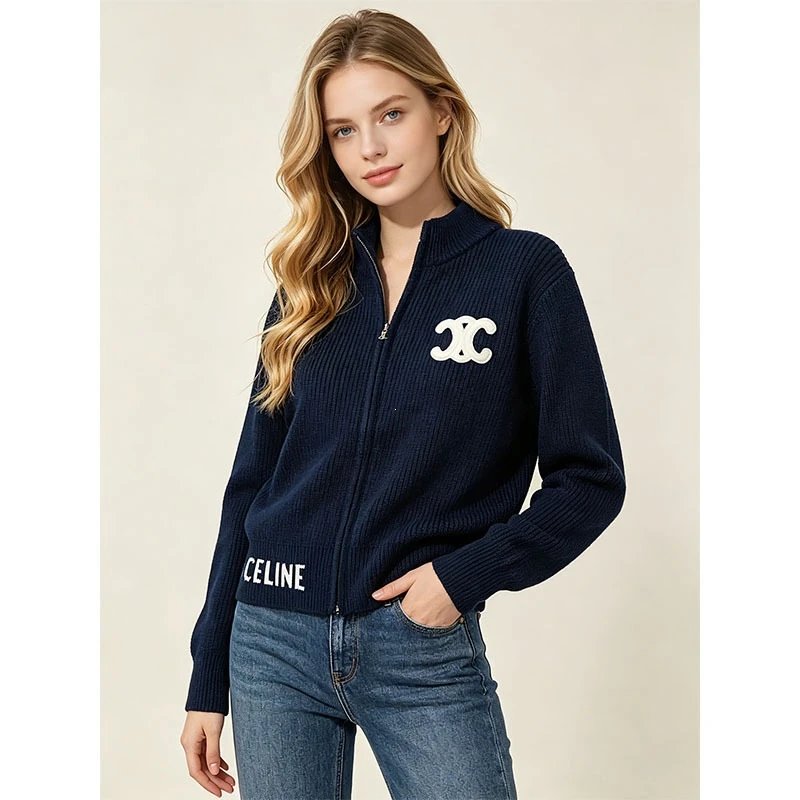 Navy Blue Zip-Up Knit Cardigan Cel***