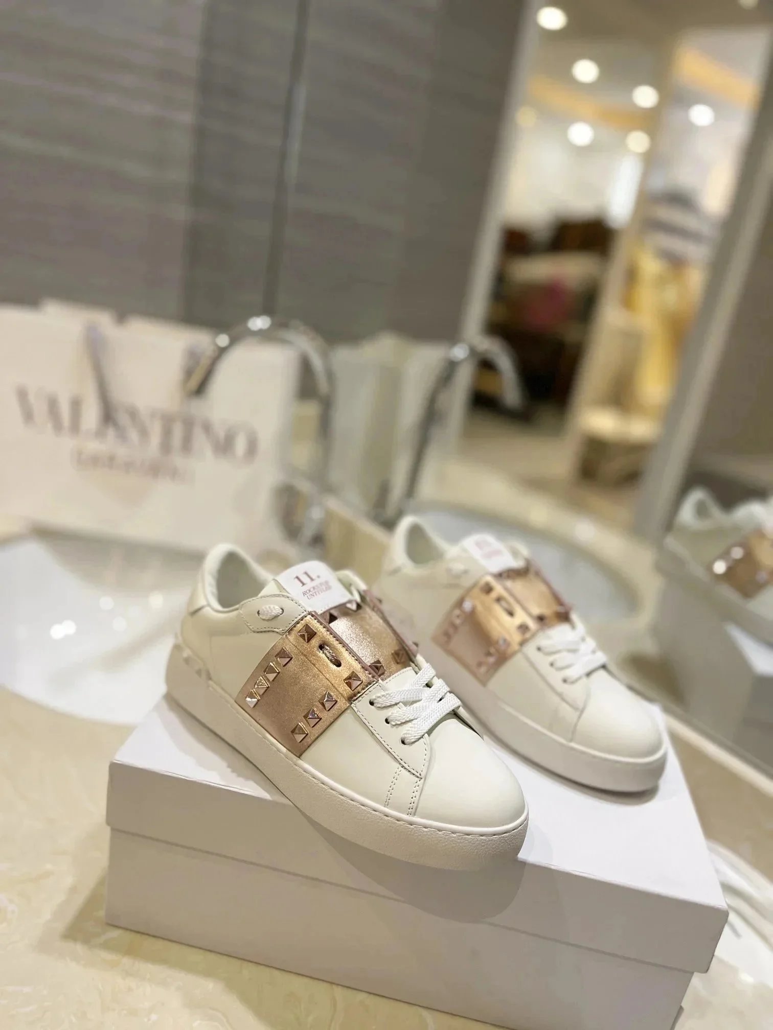 Valentino Valentino Rockstud White Sneakers with Gold Accents White
