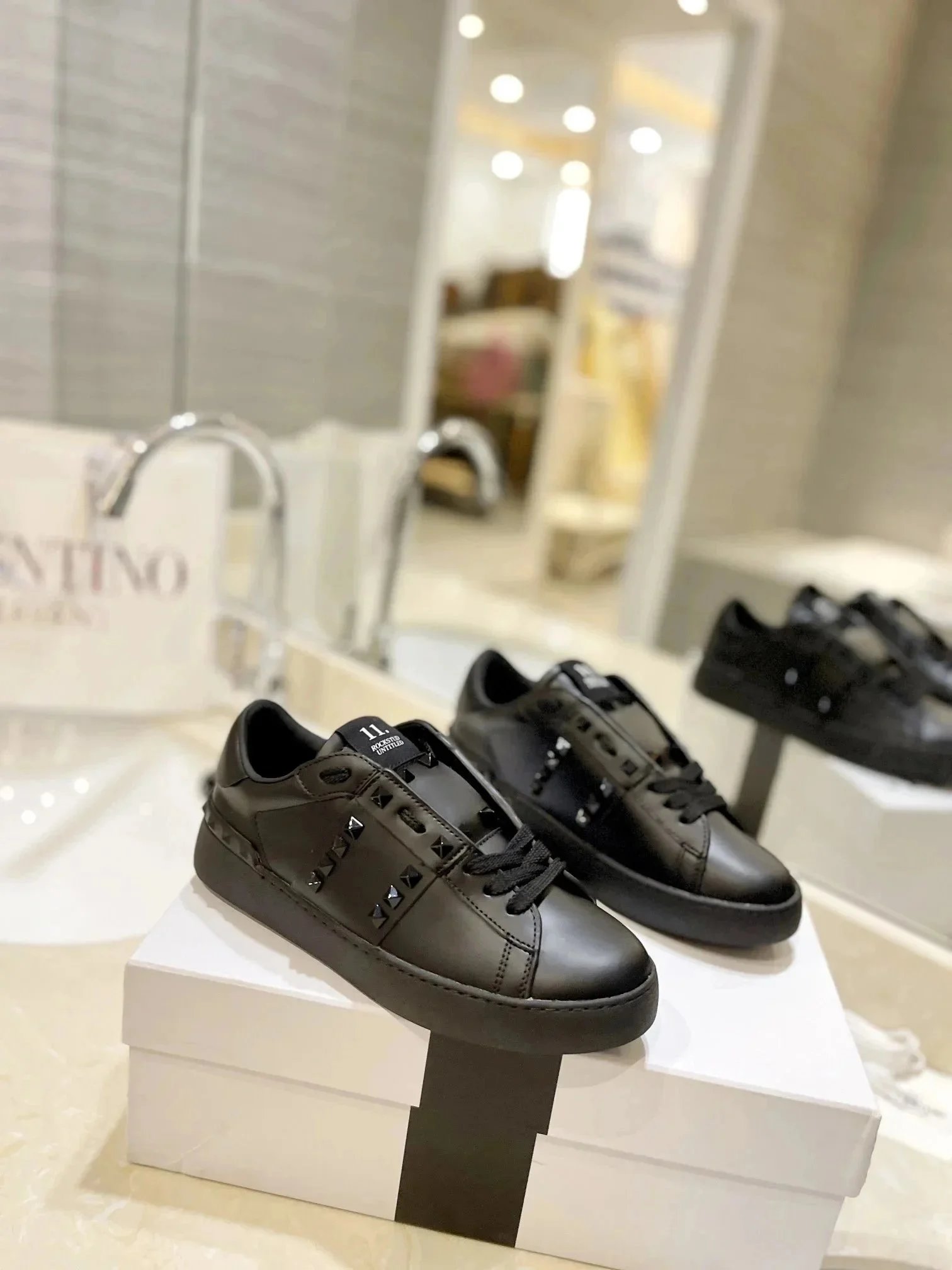 Valentino Valentino Rockstud Leather Sneakers, Black Black