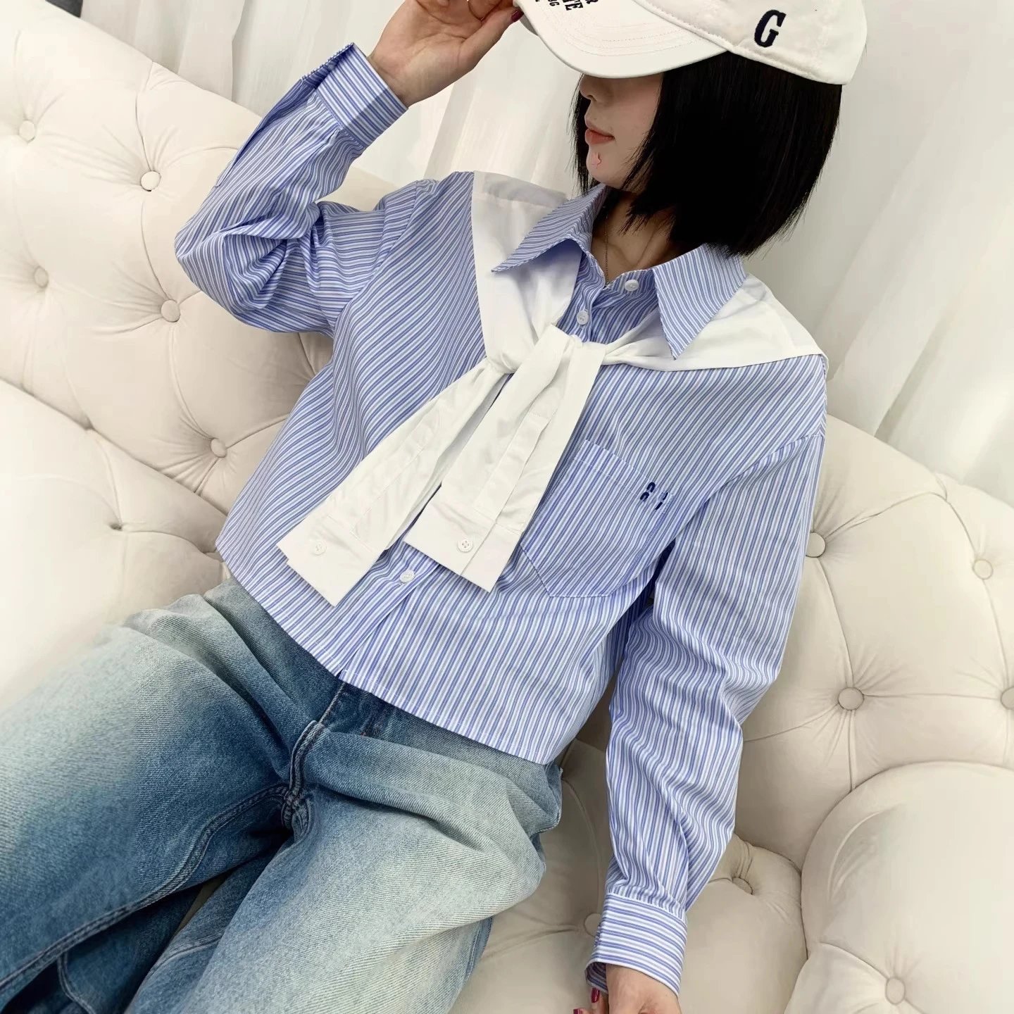 Blue Striped Bow Tie Blouse