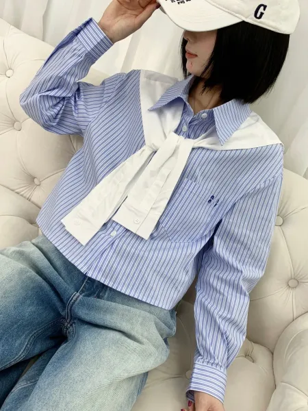 Design Sailor Collar Shirt with Blue Stripe Tie White Tops Shirt - 2