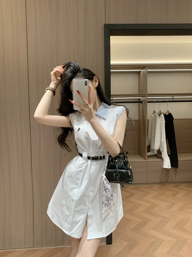Unbranded Dresses Sleeveless button-front shirt dress with striped collar and belt product detail image 2