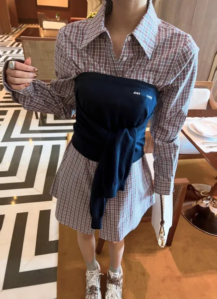 Miu Miu Knit Wrap Top in Navy with Plaid Shirt Dress - 4