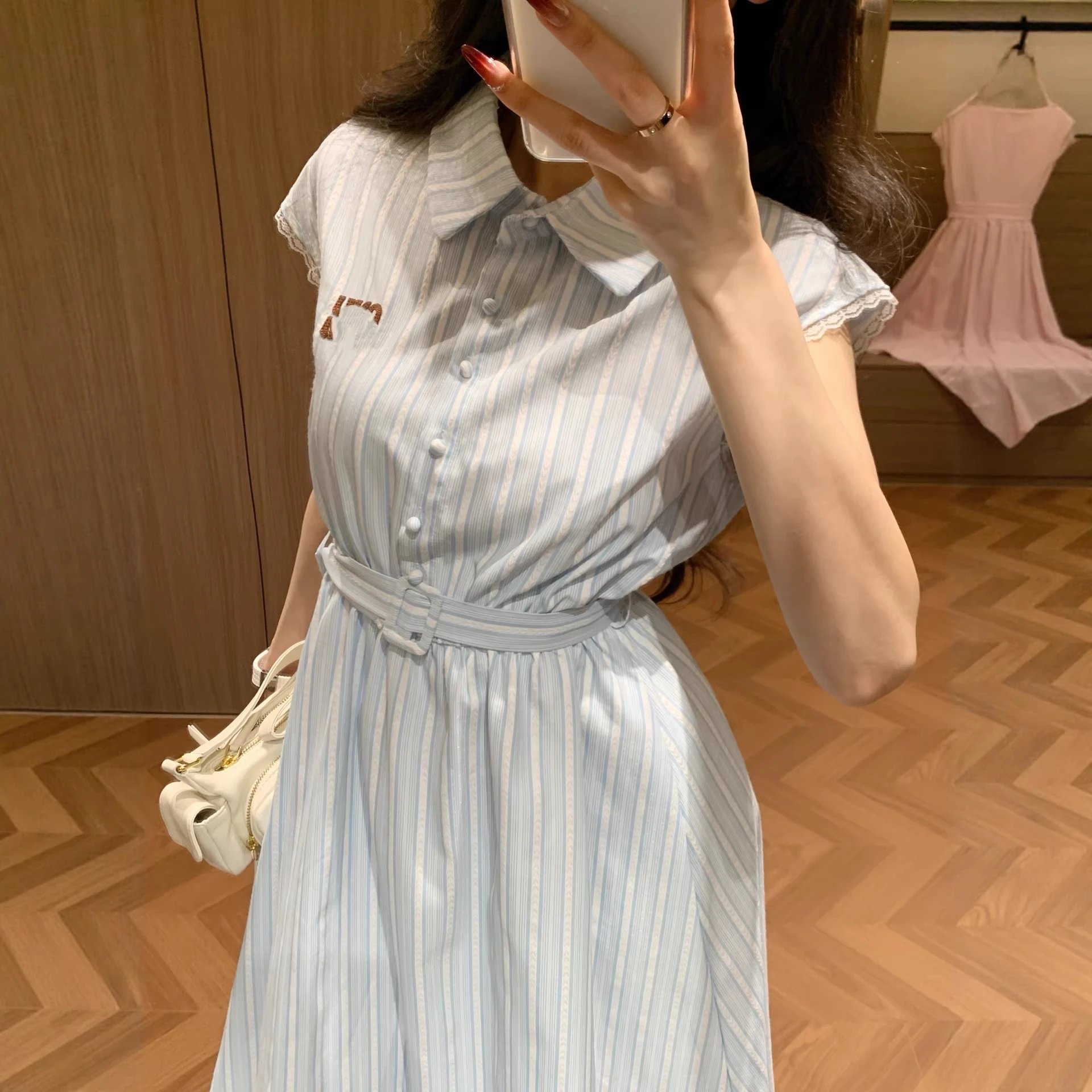 Miu Dresses Striped belted shirt dress with lace-trim cap sleeves image 2