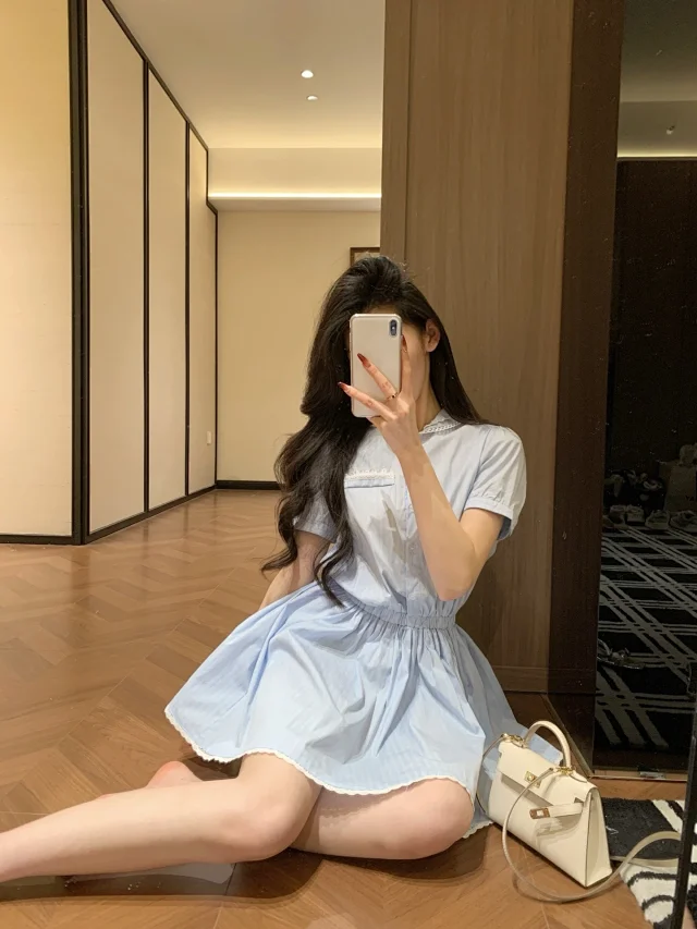 Miu Dresses Striped lace-trim collared shirt dress product detail image 2