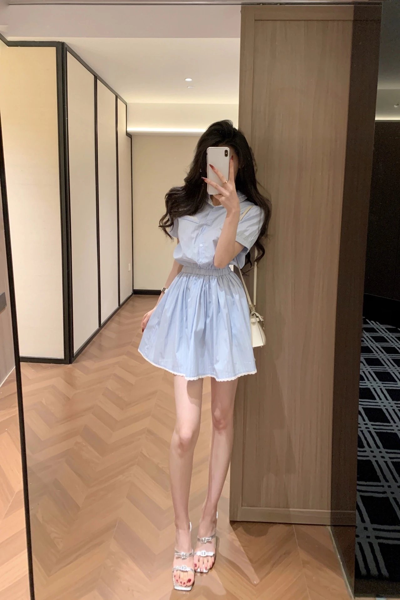 Miu Miu Striped Lace-Trim Shirt Dress in Light Blue - 9