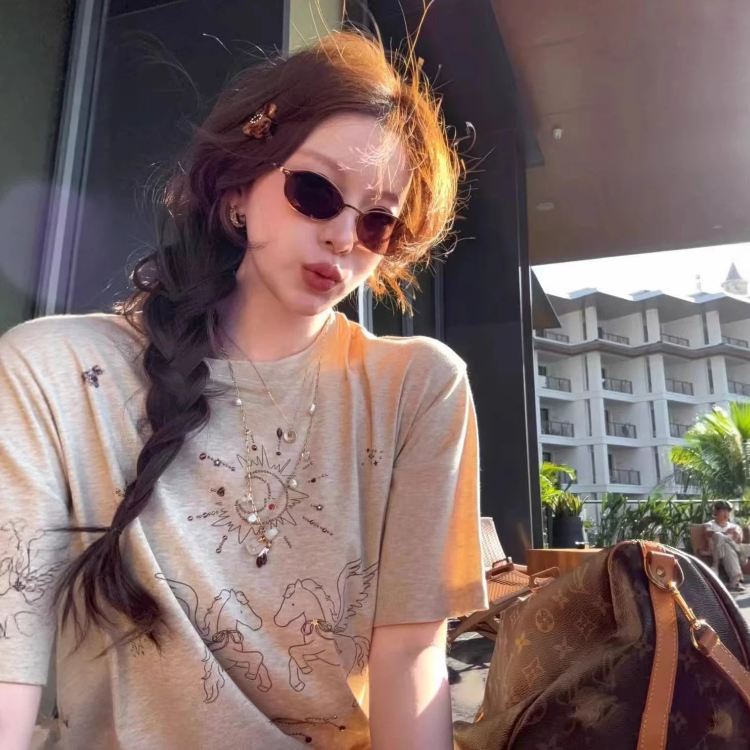 None Beige Casual Graphic T-Sh