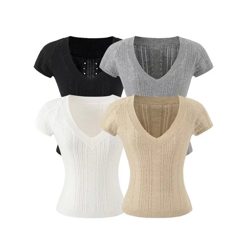 2026 Women Athletic V-Neck Knit Short Sleeve T
