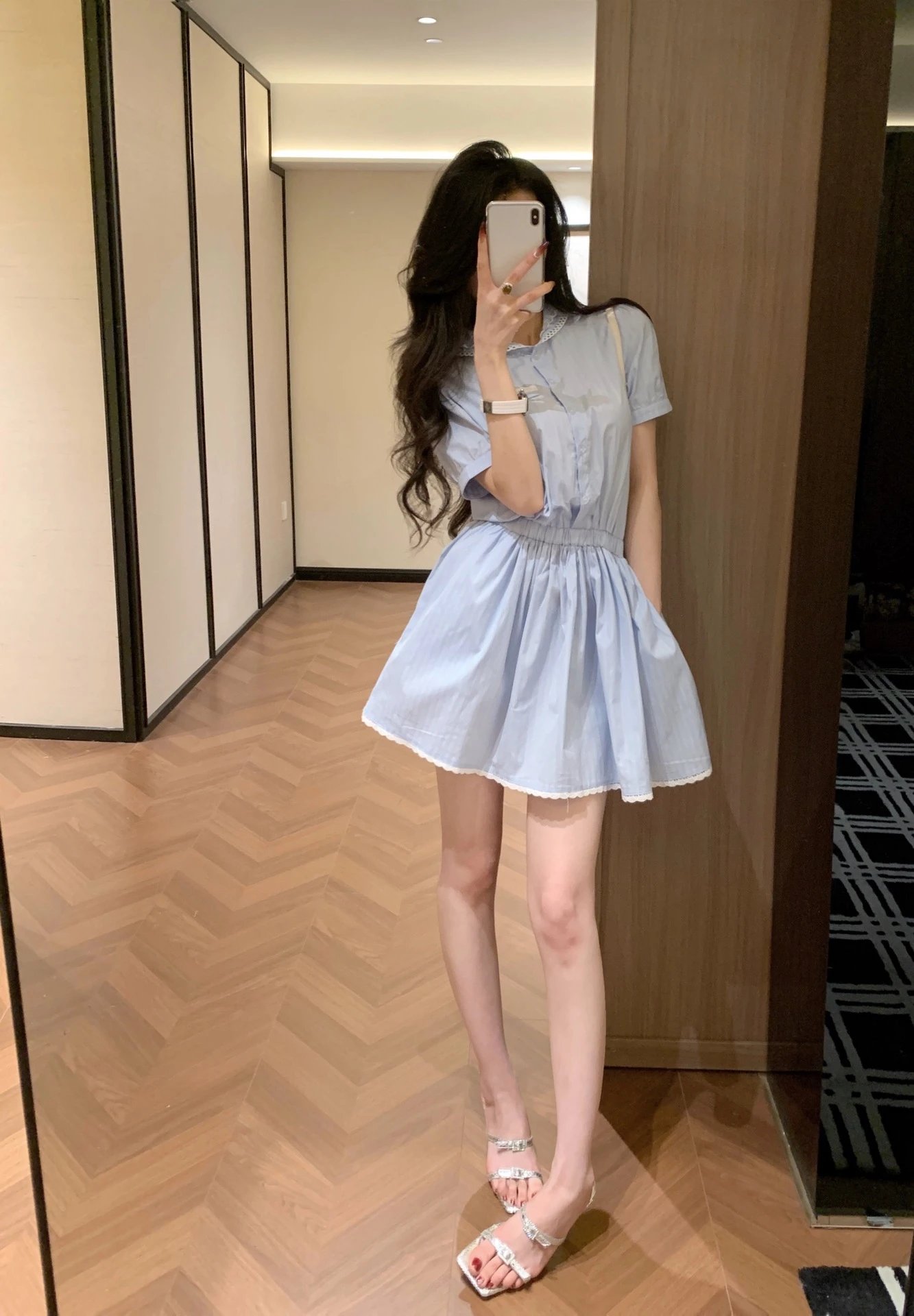 Miu Miu Striped Lace-Trim Shirt Dress in Light Blue - 5