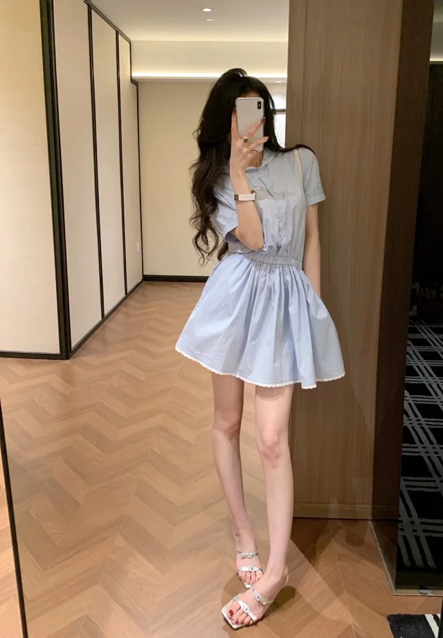 Miu Dresses Striped lace-trim collared shirt dress product detail image 4