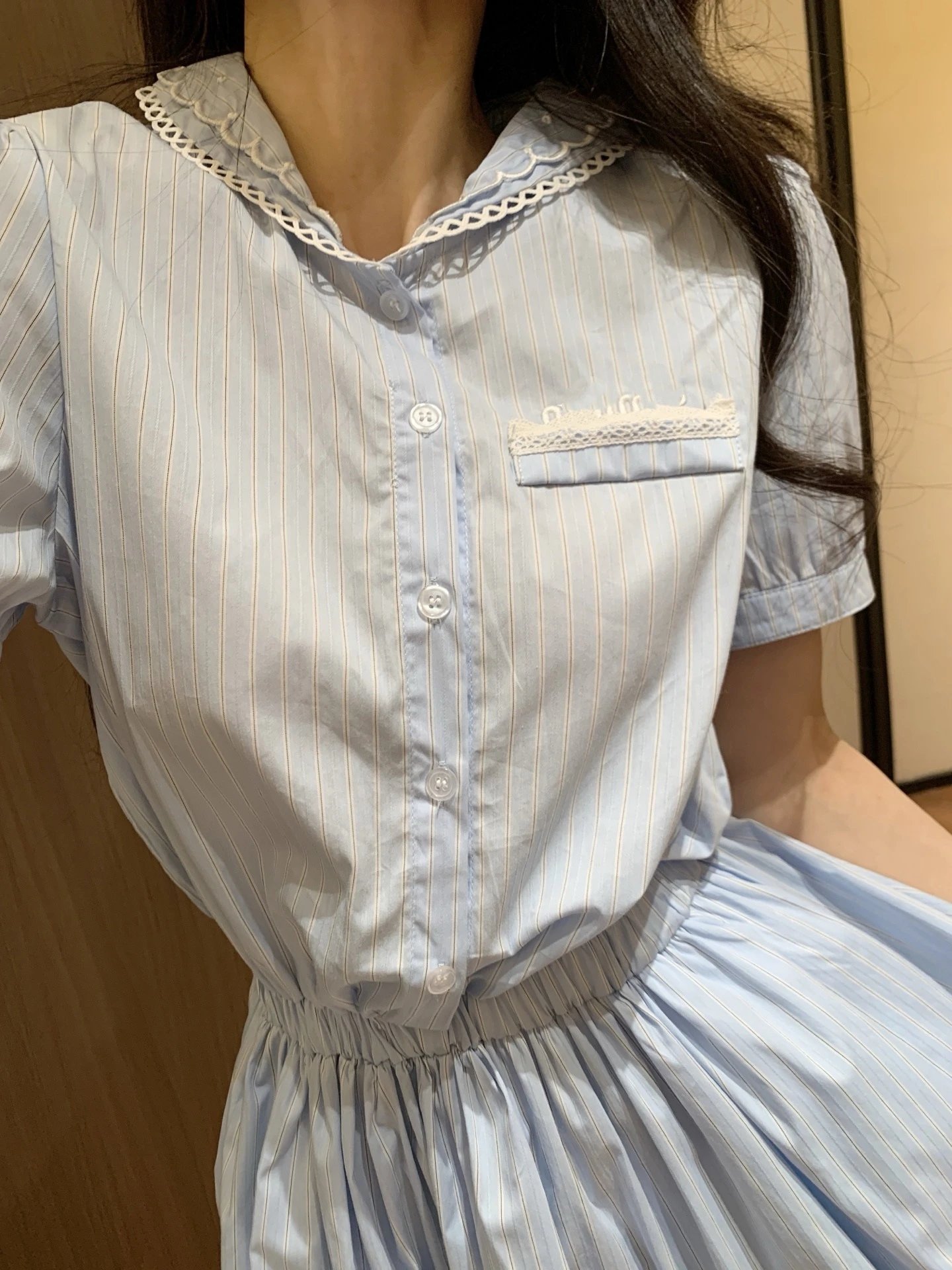 Miu Miu Striped Lace-Trim Shirt Dress in Light Blue - 8