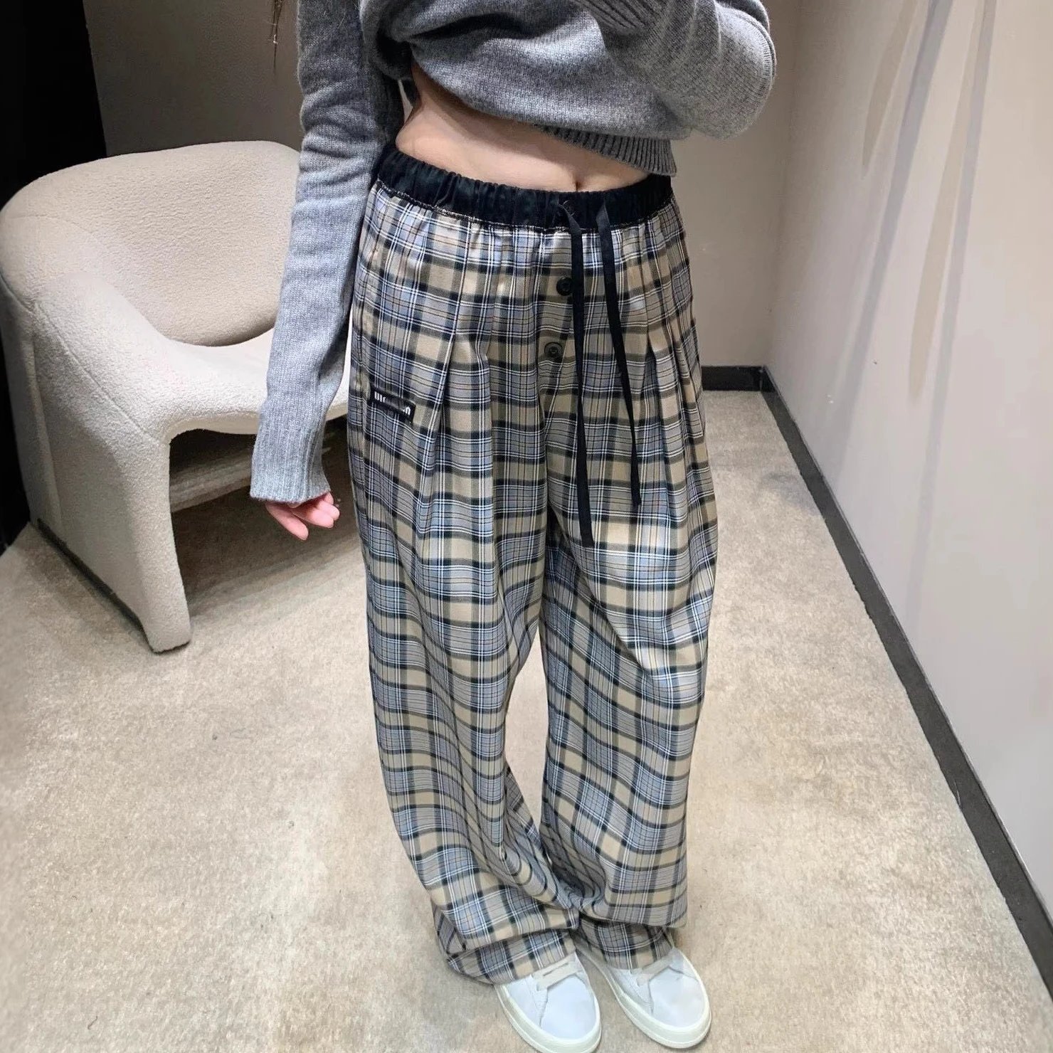 MU高品质蓝白撞色格子撞色腰头直筒阔腿抽绳裤时尚百搭基础透气