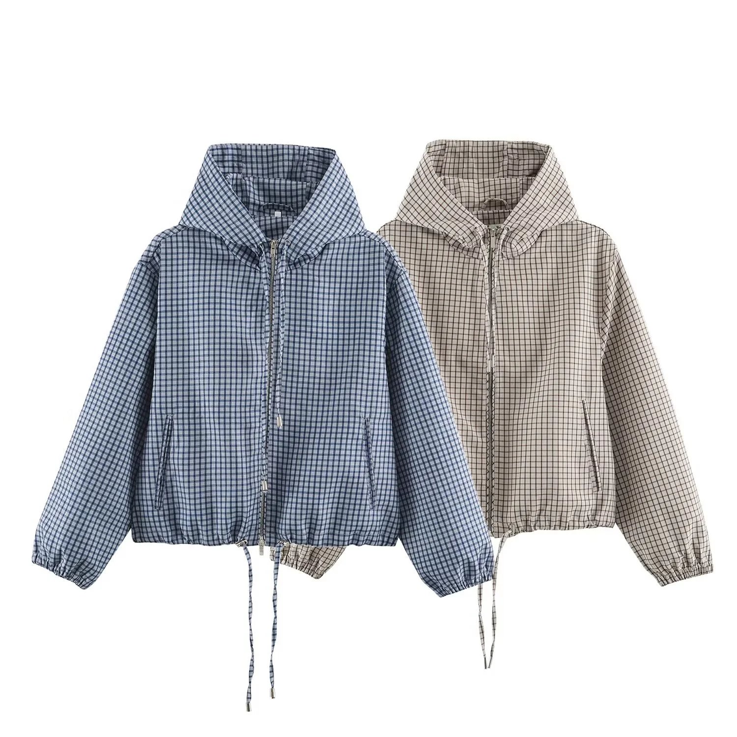Women Autumn Retro Check Pattern Loose Hooded 