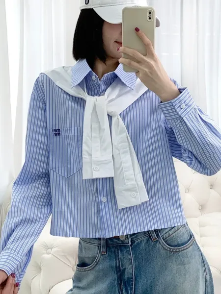 Design Sailor Collar Shirt with Blue Stripe Tie White Tops Shirt - 3