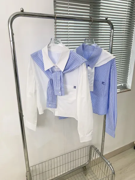 Design Sailor Collar Shirt with Blue Stripe Tie White Tops Shirt - 9