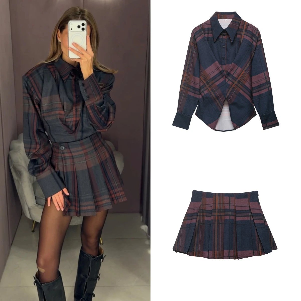 2026 Summer Vintage Check Waist Shirt Dress Ou