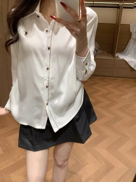 Design Embroidered Button-Down Shirt White Tops Shirt - 2