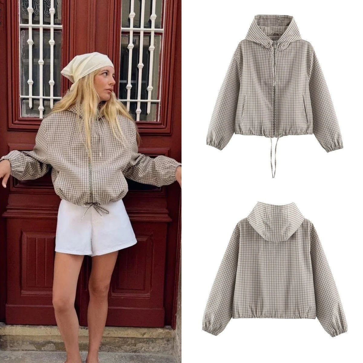 Women Autumn Retro Hooded Plaid Jacket
