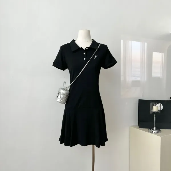 Design Gray Pleated Polo Dress with Pearl Strap Dress - 13