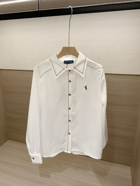 Design Embroidered Button-Down Shirt White Tops Shirt - 7