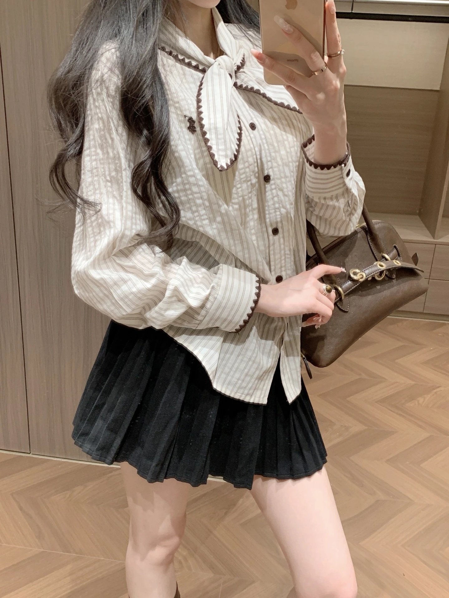 Design Striped Bow-Neck Shirt with Scallop Trim in Beige and Black Pleated Skirt - 2